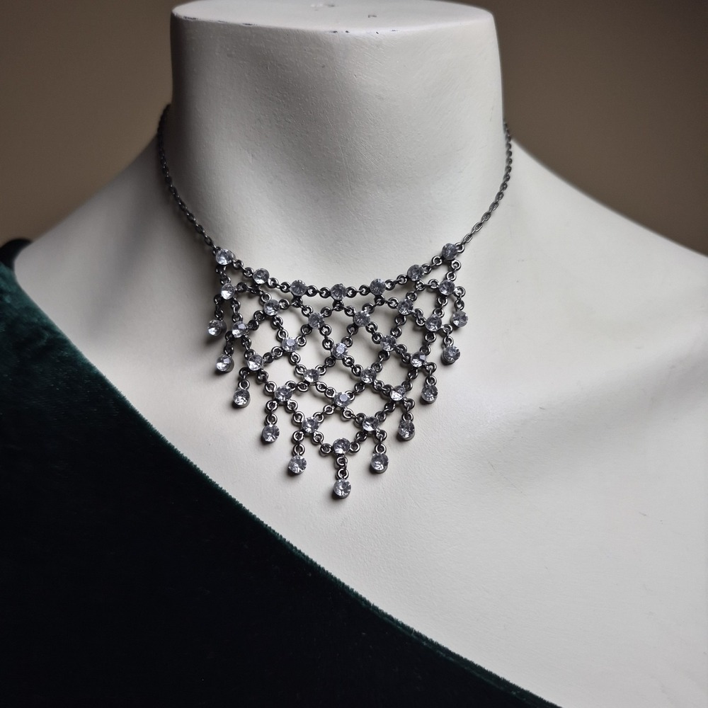 Gunmetal Rhinestone Bib Necklace Clear Crystal Statement‎ Web Draped Choker